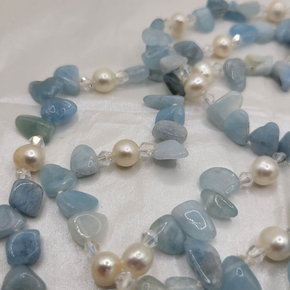 Natural Aquamarine Chips and Pearl Beaded Necklace 36 in. - Picture 4 of 6